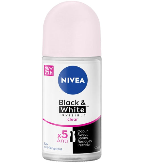 NIVEA B&W Invisible Clear Anti-Perspirant Roll-On 50ml Deodorant for Women | Black & White | Natural & Long-Lasting